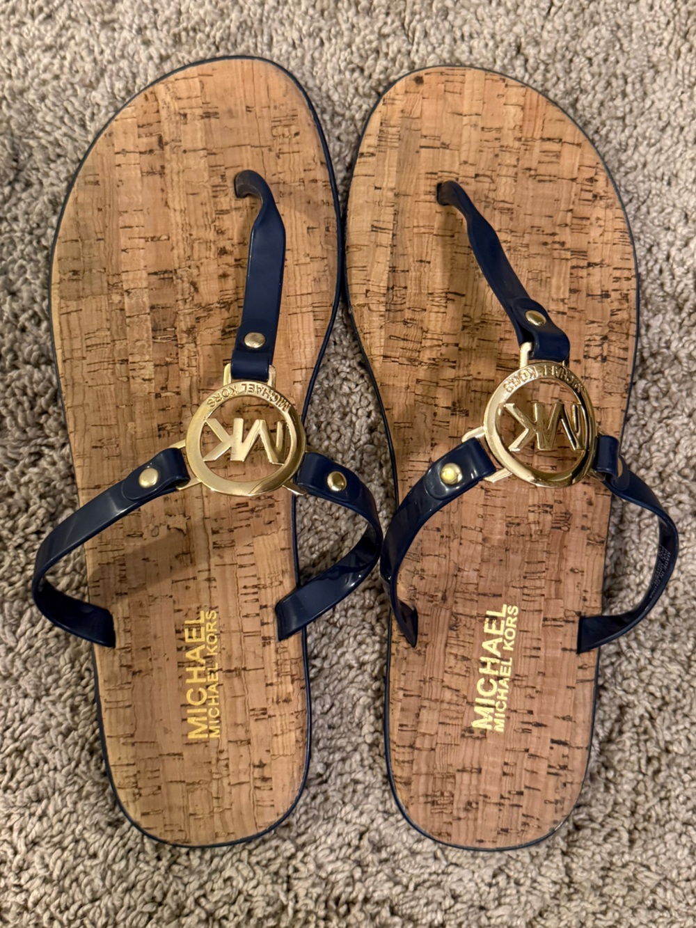 Michael Kors Navy Gold MK Cork Thong Sandals Size 11